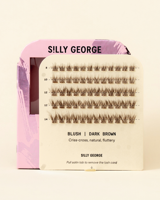 Dark brown Blush Pop-On Lashes: The Extensions Set packaging with pink and beige design