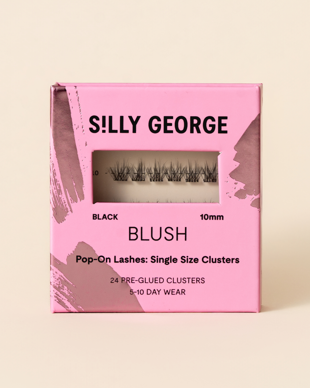 Black 10mm Blush Pop-On Lashes: Single Size Clusters packaging with pink design