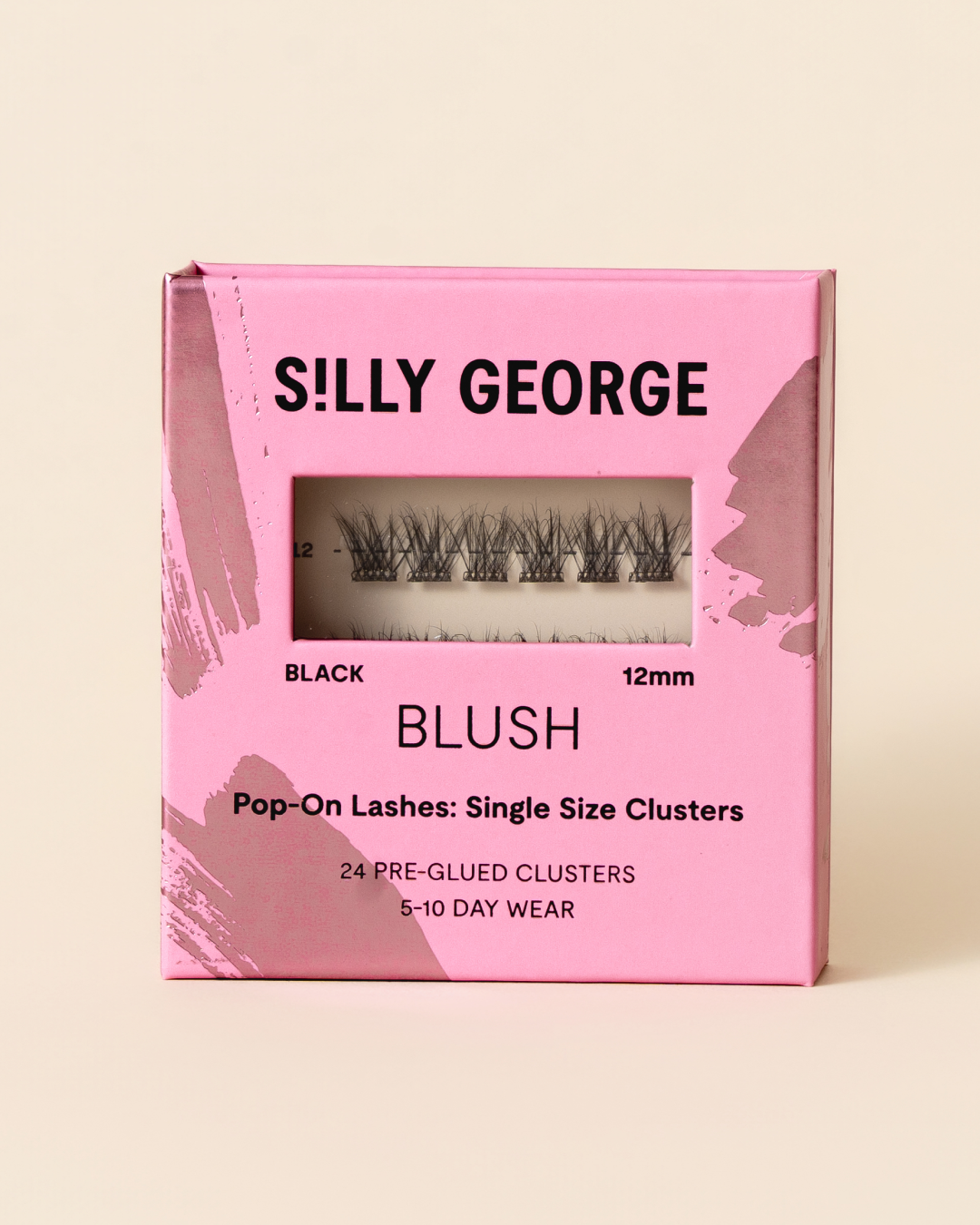 Black 12mm Blush Pop-On Lashes: Single Size Clusters packaging with pink design