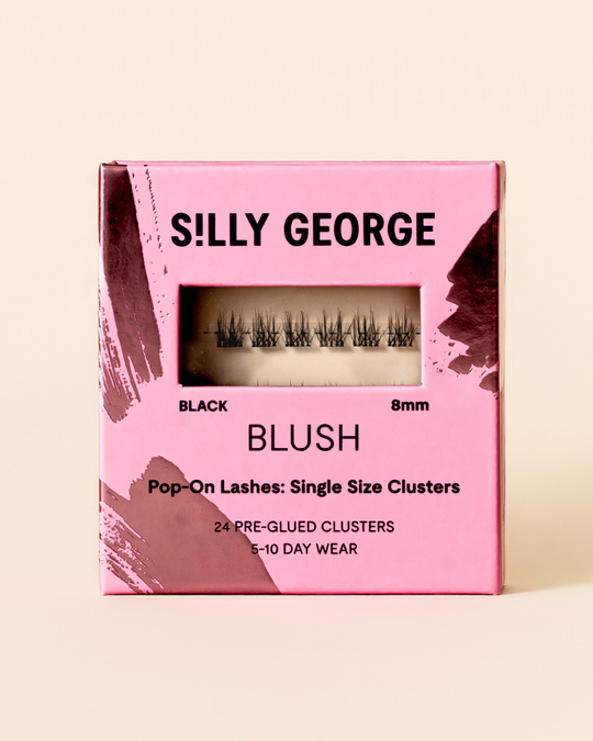 Black 8mm Blush Pop-On Lashes: Single Size Clusters packaging with pink design