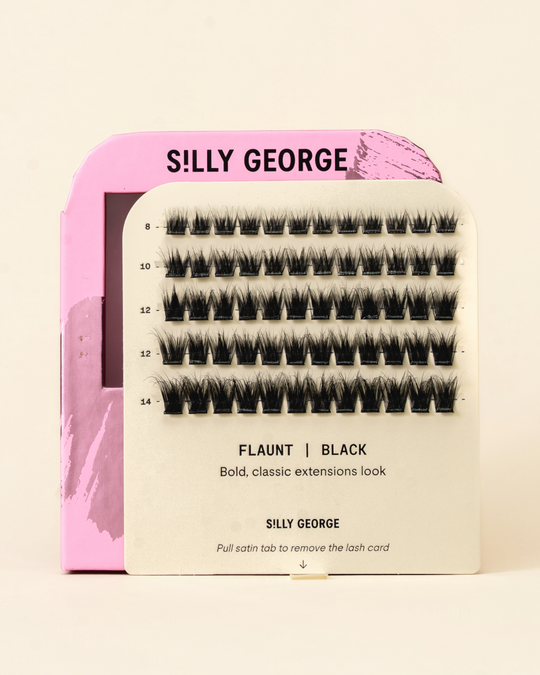 Black Flaunt Pop-On Lashes: The Extensions Set packaging with pink and beige design