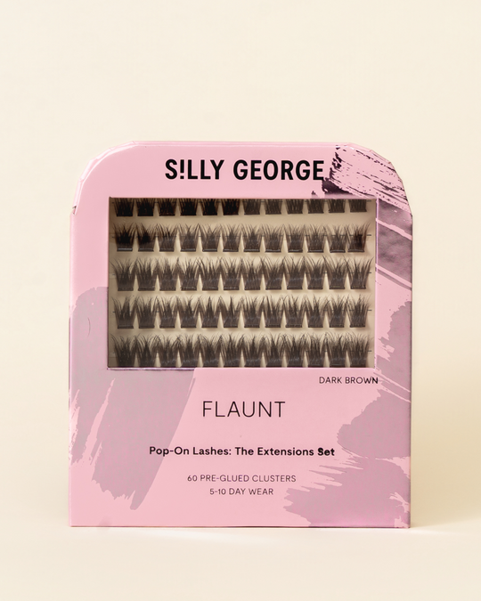 Dark brown Flaunt  Pop-On Lashes: The Extensions Set packaging with pink design