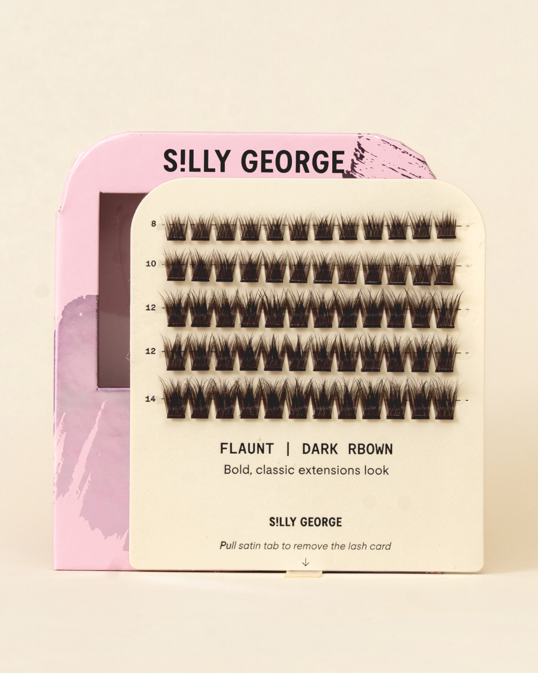 Dark brown Flaunt Pop-On Lashes: The Extensions Set packaging with pink and beige design