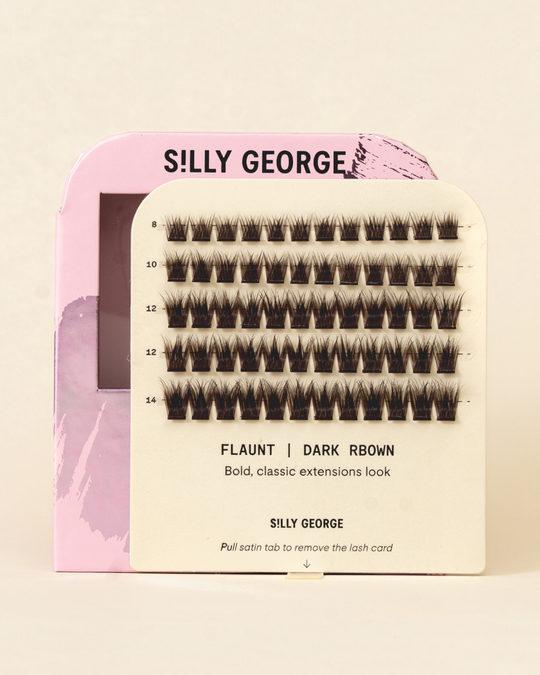 Dark brown Flaunt Pop-On Lashes: The Extensions Set packaging with pink and beige design
