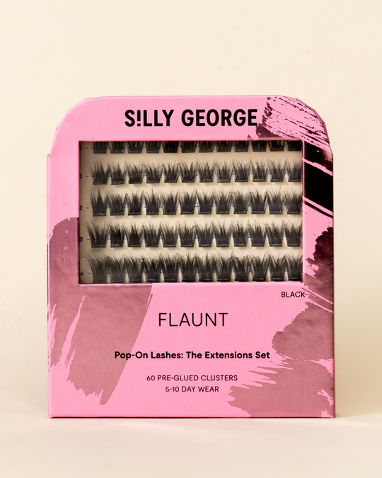 Black Flaunt Pop-On Lashes: The Extensions Set packaging with pink design