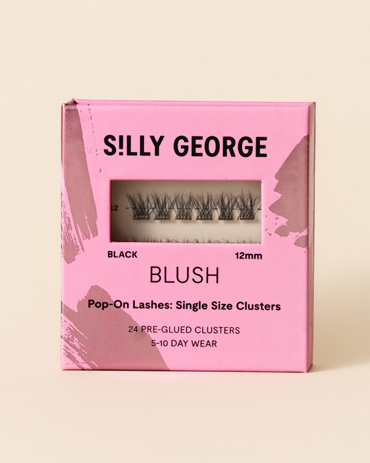 Black 12mm Blush Pop-On Lashes: Single Size Clusters packaging with pink design
