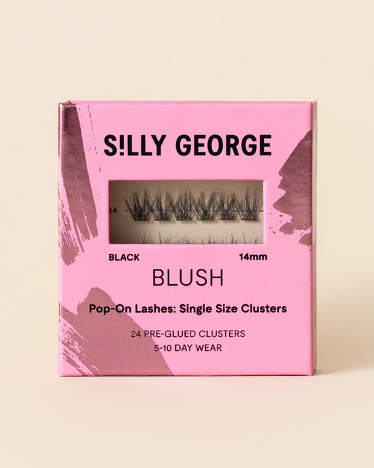 Black 14mm Blush Pop-On Lashes: Single Size Clusters packaging with pink design