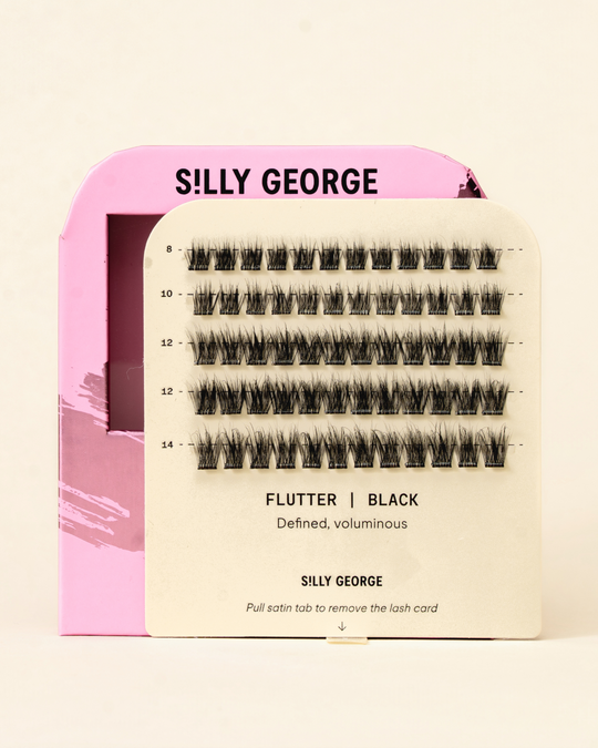 Black Flutter Pop-On Lashes: The Extensions Set packaging with pink and beige design