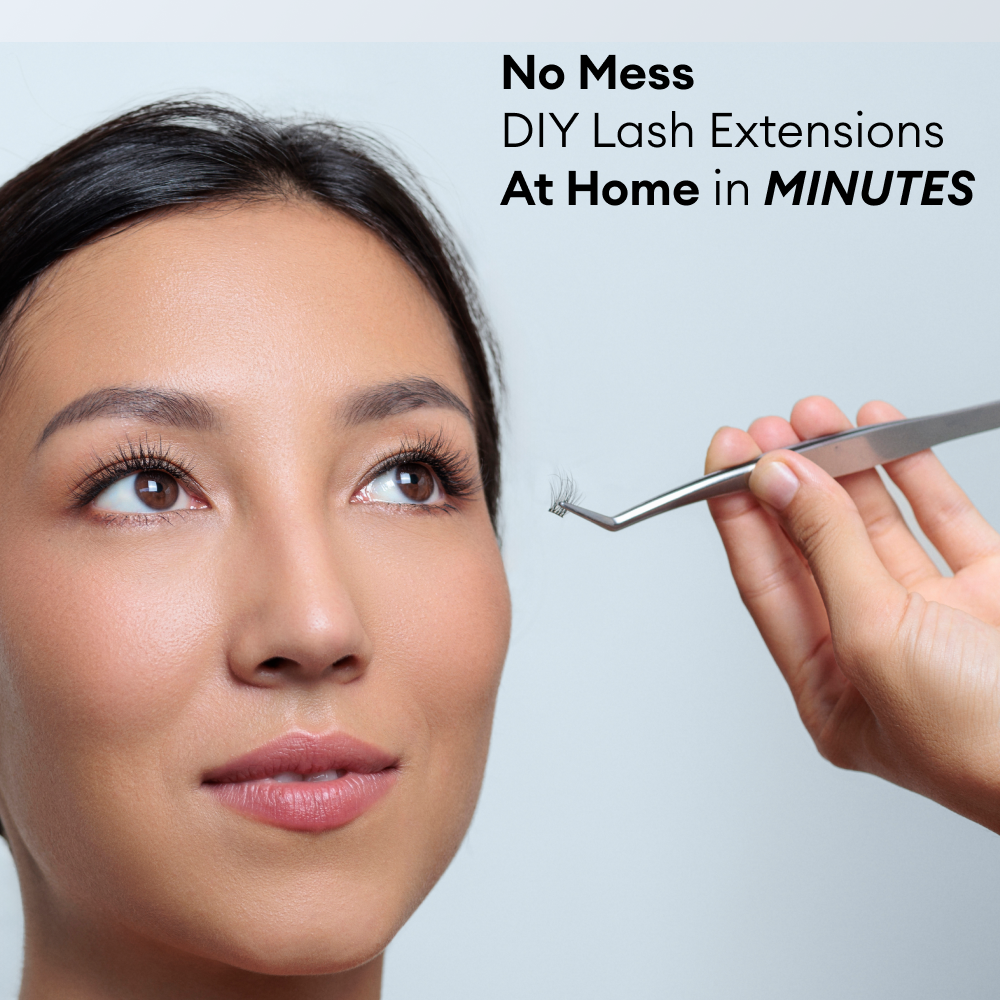 Model applying Pop Ons eyelash extension clusters in the 'Flaunt' style, focusing on the lashes during the application process.