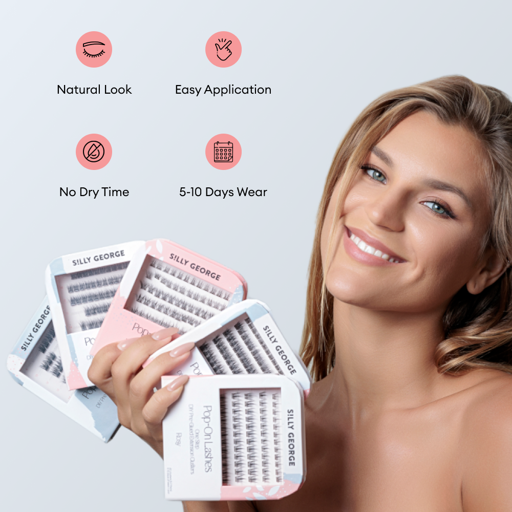 a woman holding 5 boxes of pre-glued diy false eyelash extensions