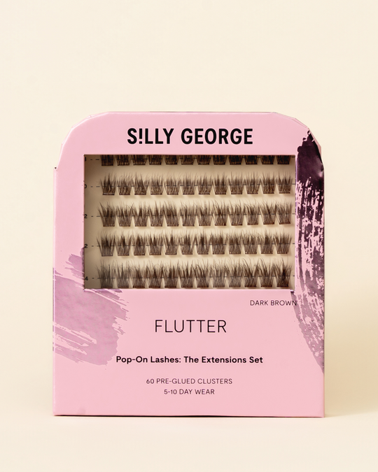 Dark brown Flutter Pop-On Lashes: The Extensions Set packaging with pink design