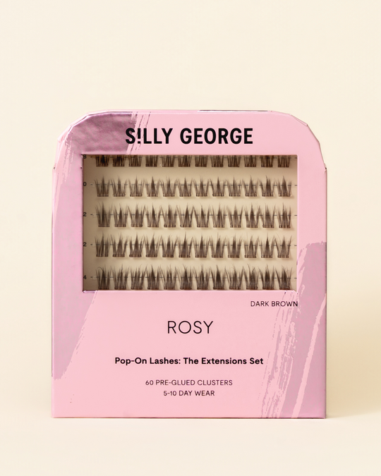 Dark brown Rosy Pop-On Lashes: The Extensions Set packaging with pink design