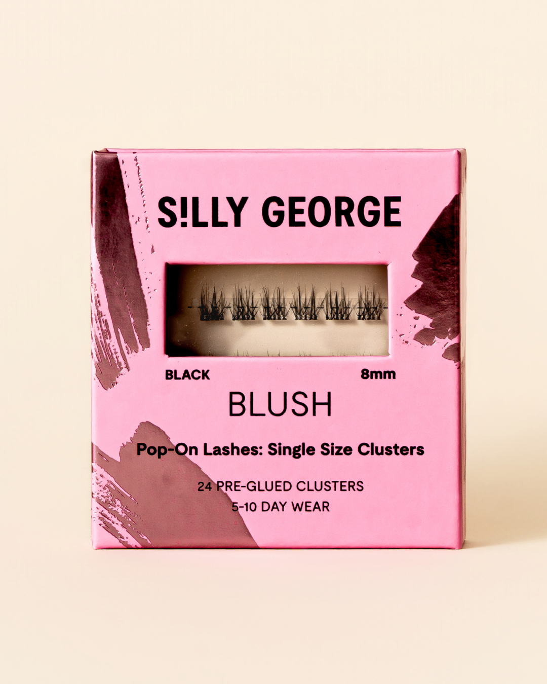 Black 8mm Blush Pop-On Lashes: Single Size Clusters packaging with pink design
