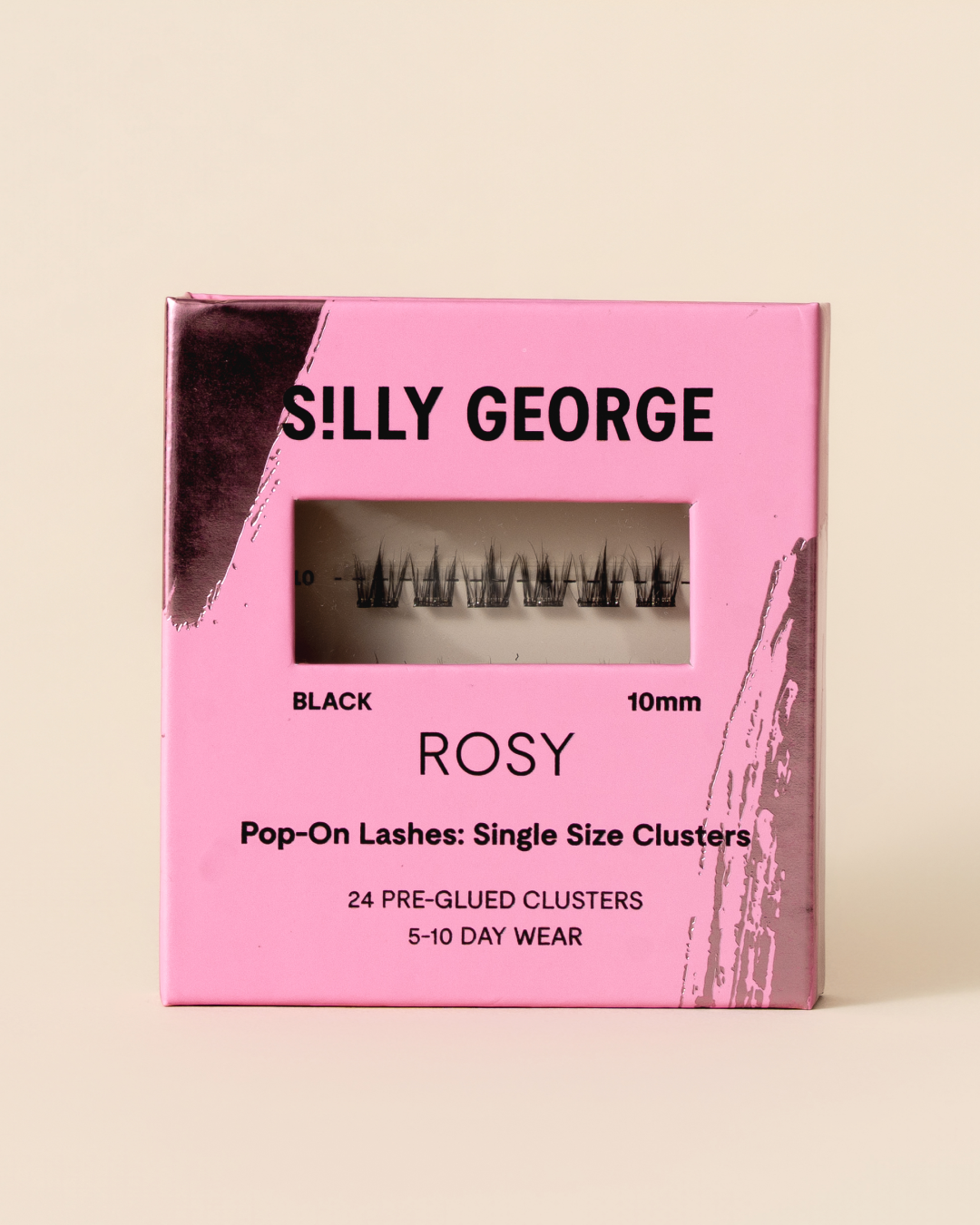 Black 10mm Rosy Pop-On Lashes: Single Size Clusters packaging with pink design