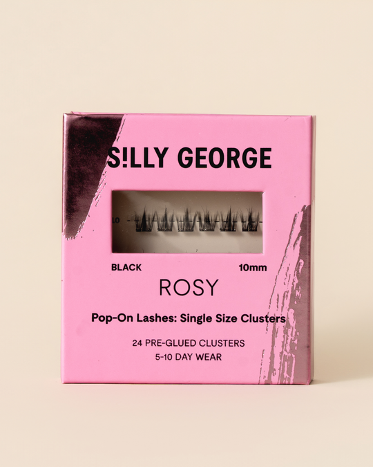 Black 10mm Rosy Pop-On Lashes: Single Size Clusters packaging with pink design