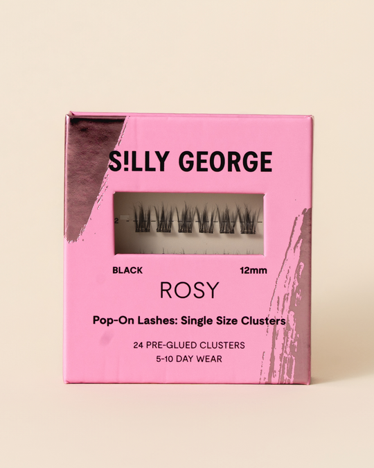 Black 12mm Rosy Pop-On Lashes: Single Size Clusters packaging with pink design