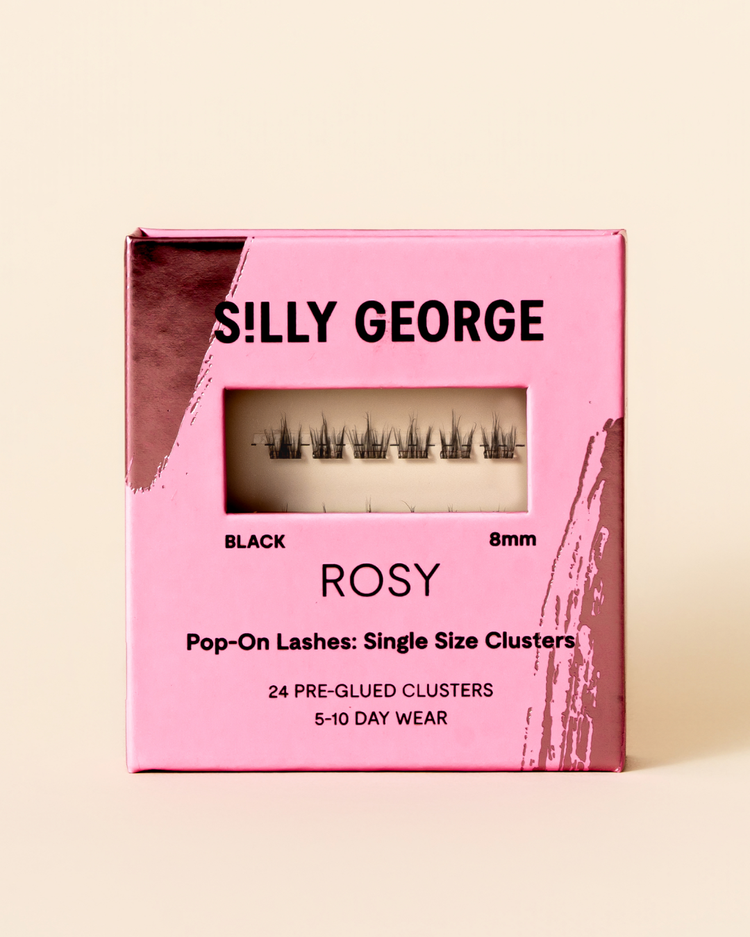 Black 8mm Rosy  Pop-On Lashes: Single Size Clusters packaging with pink design