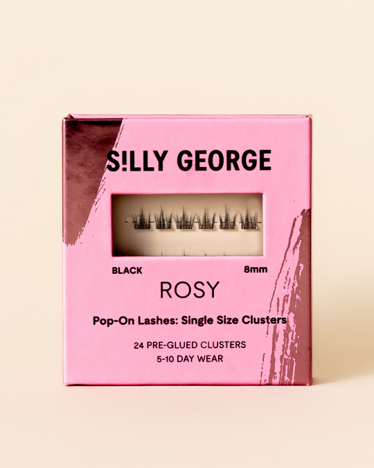 Black 8mm Rosy  Pop-On Lashes: Single Size Clusters packaging with pink design