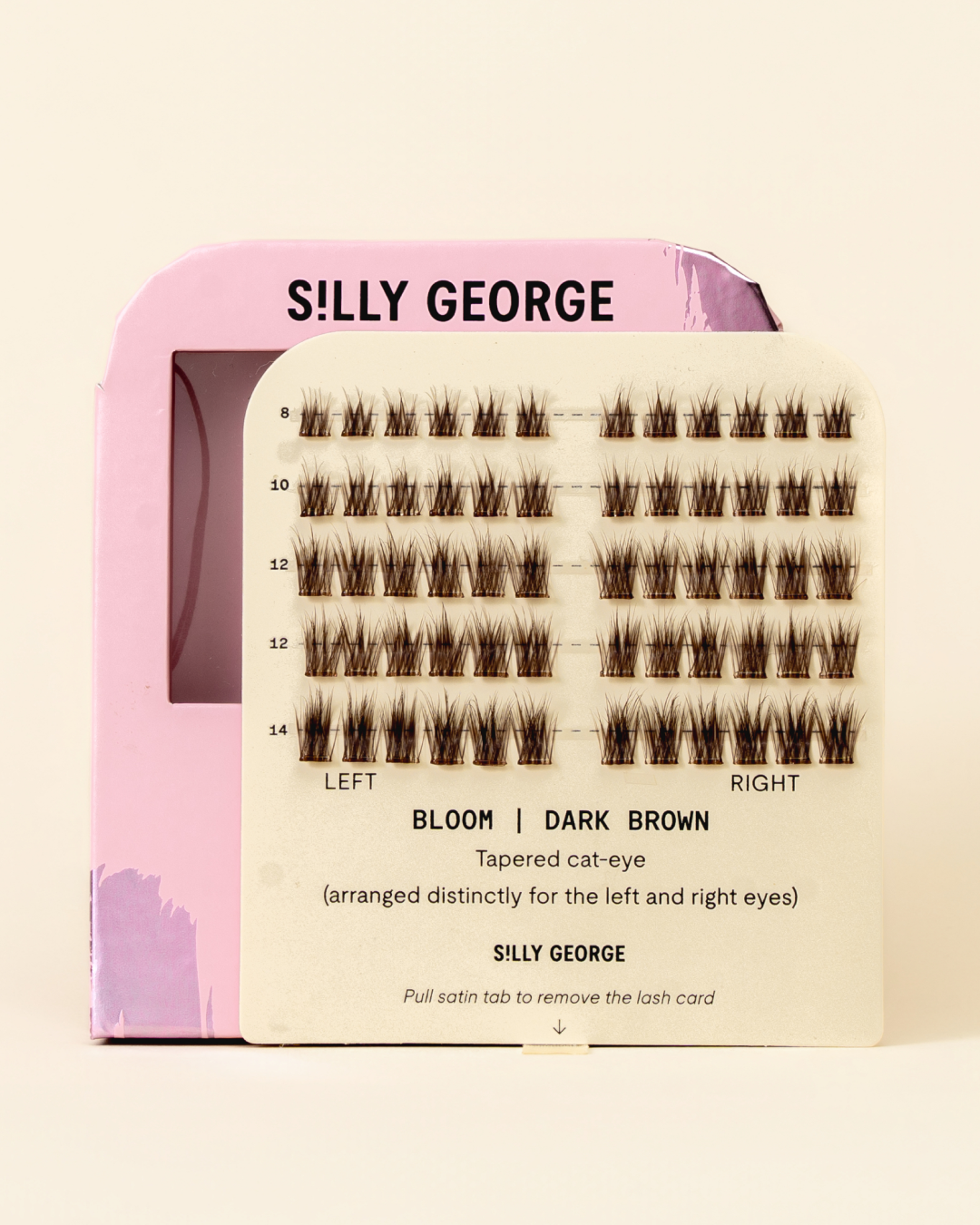 Dark brown Bloom Pop-On Lashes: The Extensions Set packaging with pink and beige design