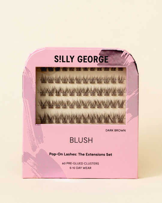 Dark brown Blush Pop-On Lashes: The Extensions Set packaging with pink design