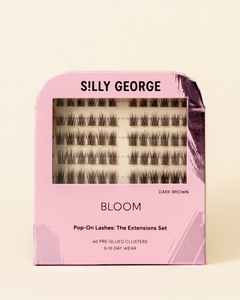 Dark brown Bloom Pop-On Lashes: The Extensions Set packaging with pink design