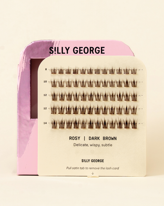 Dark brown Rosy Pop-On Lashes: The Extensions Set packaging with pink and beige design 