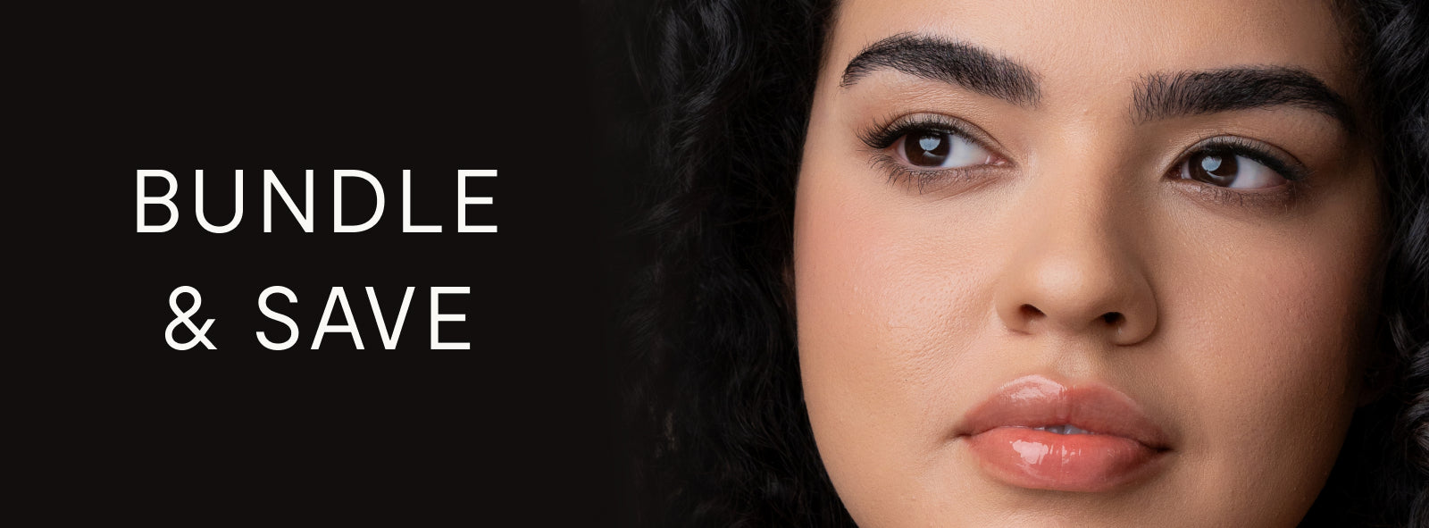 Close-up of a person with dark hair and makeup, with text 'Bundle & Save' on a black background.