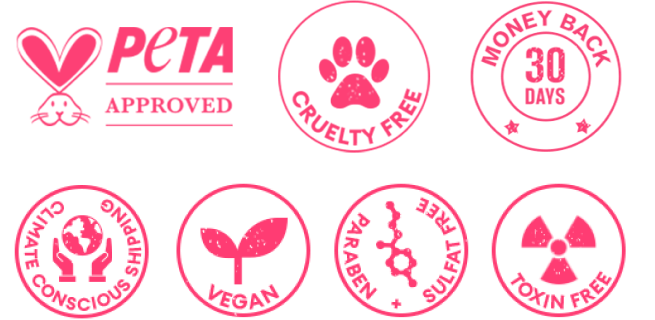 Peta 批准的美容产品、素食、无公害、30 天退款保证等徽章。